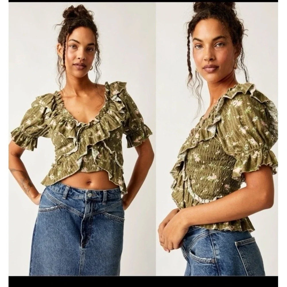 Free People Dainty Ruffle Floral Prairie Favorite Girl Top Army Combo Small